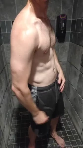 Post workout flex and shower getting slick and soapy while yanking on
