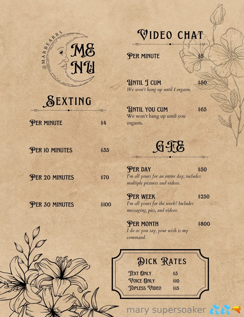 My new tip menu i now offer girlfriend experience for only 50 per day 