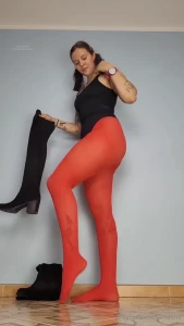 1 october - bodysuit red opaque tights and high black boots no talking