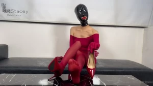 Red tight fitting clothes with gloves hot stockings and new pvc open