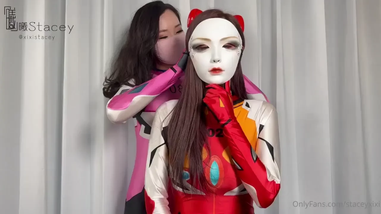 Me and my bestie in cosplay catsuit with tight mask and charming mask 