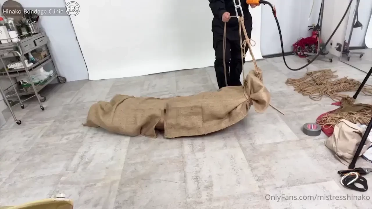 Suspended upside down and c in burlap bag and rope bondage 964 tightly 