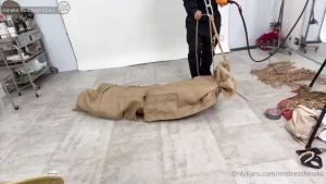 Suspended upside down and c in burlap bag and rope bondage 964 tightly