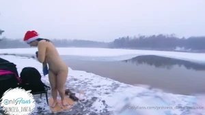 I m going for the swim into the ice cold water in frozen lake