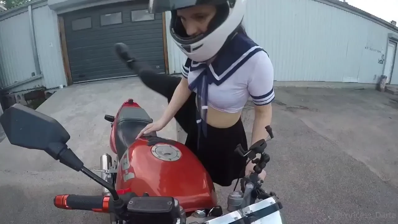 Short skirt without panties on motorcycle 