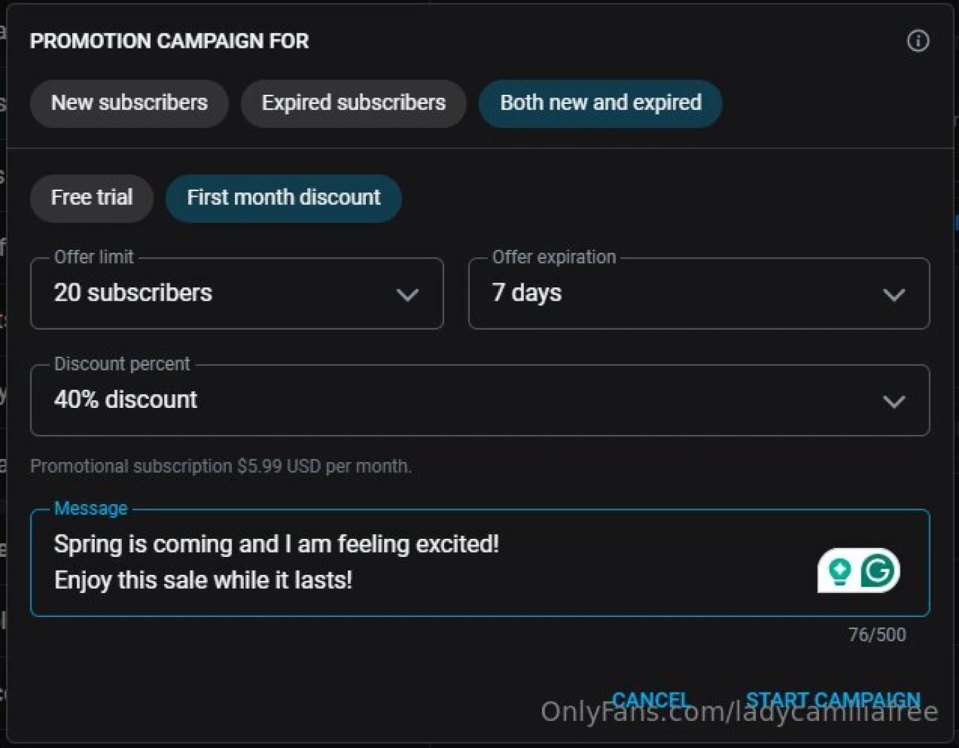 The next 20 subs are 40 off on my vip https onlyfans com ladycamilia 