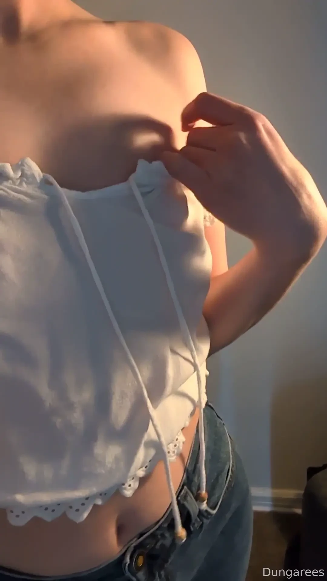 Summertime tops with no bra pinknipples pokies cute whitetop shoulders 