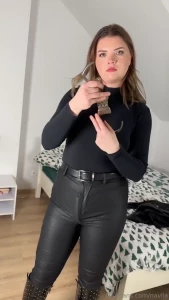 Leather mommy with cuffs and suprise in leather pants