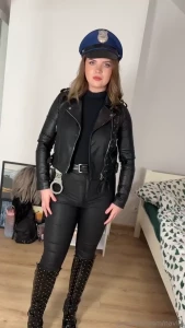Leather mommy with cuffs and suprise in leather pants part 5