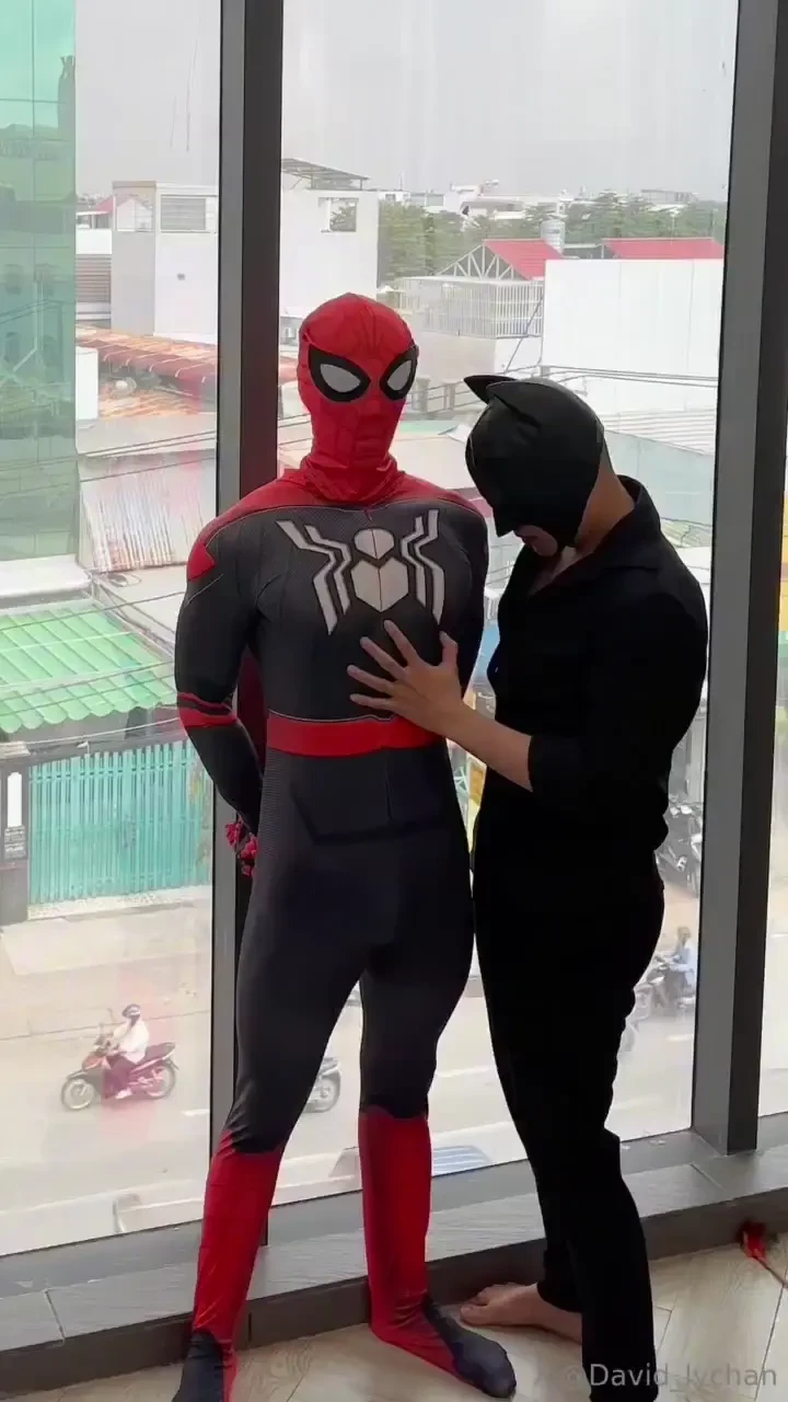 Spiderman gets cumcontronl bdsm and shoots webs into his mouth to 