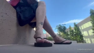 California feet flip flops dangle dirty soles giantess long legs sexy