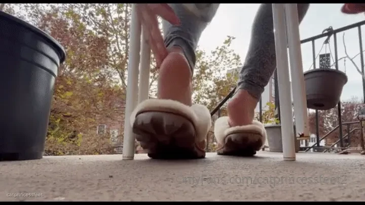 Spy my furry slippers and sweaty stoop soles below my chair pov under 
