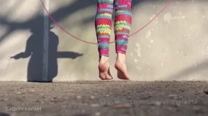 Sweaty toeless yoga sock after-workout feet jump roping barefoot and part 2