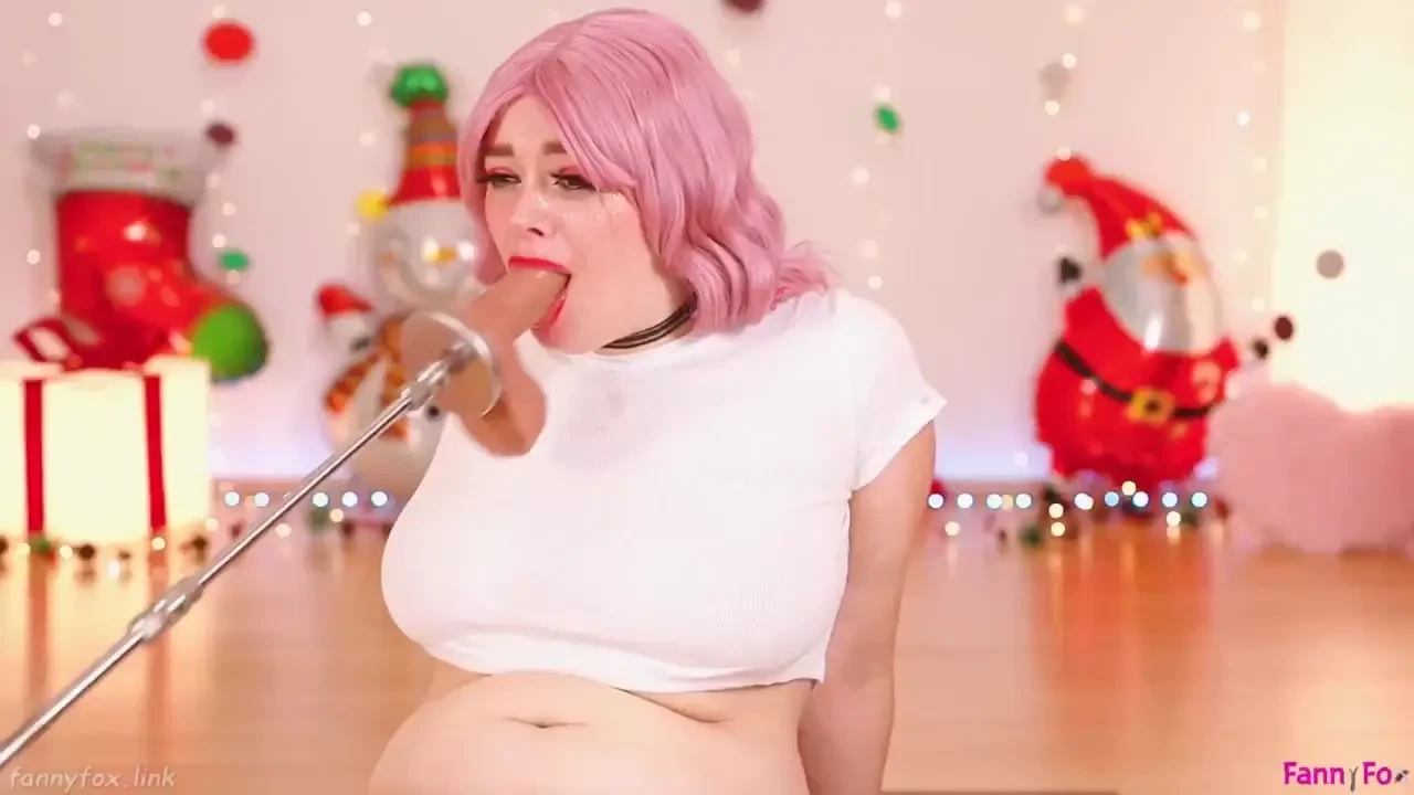 Hard face fuck by controlled sec machine and spit on a white t-short 