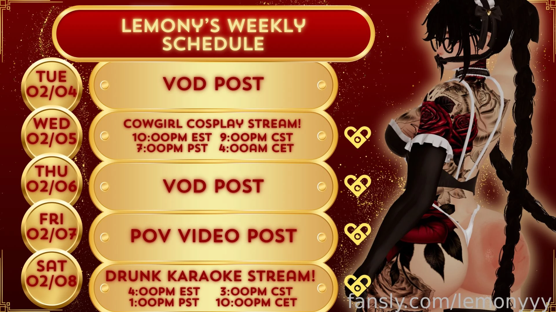 Hii loves here s my weekly schedule i had to swap thursday stream to 