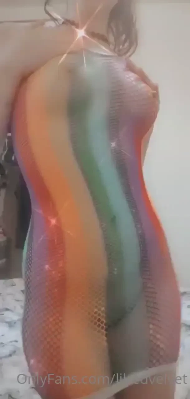 Rainbow fishnet dress show off 
