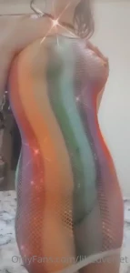 Rainbow fishnet dress show off
