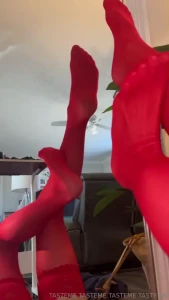 Red thigh high legs rubbing teaser flexy rubbing my legs together