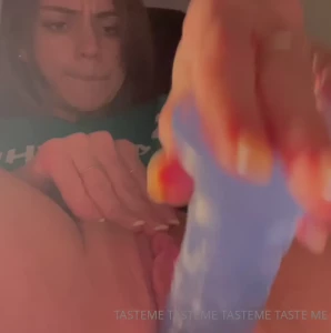 Brief 8 inch blue dildo mirror close up pov office chair fucking