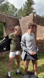 We are naughty boys getting naked in the woods taking turns sucking on