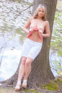 Pink top white jeans outdoors part 47