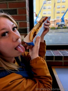 Suckin on chili dogs outside the tasty freeze