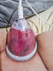 Mega pussy pumping filling up a whole breast cup with a toy inside