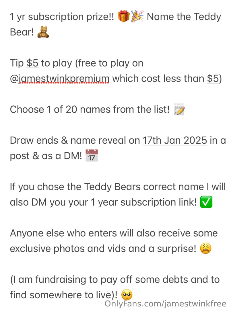 1 yr subscription prize name the teddy bear 1 tip 5 to play free to 