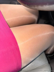 Shiny pantyhose on the way to work