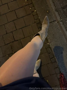 Tan pantyhose no knickers cowboy boots dress dangling close up zoom