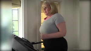 A morning jog on the treadmill the puppies get in the way but