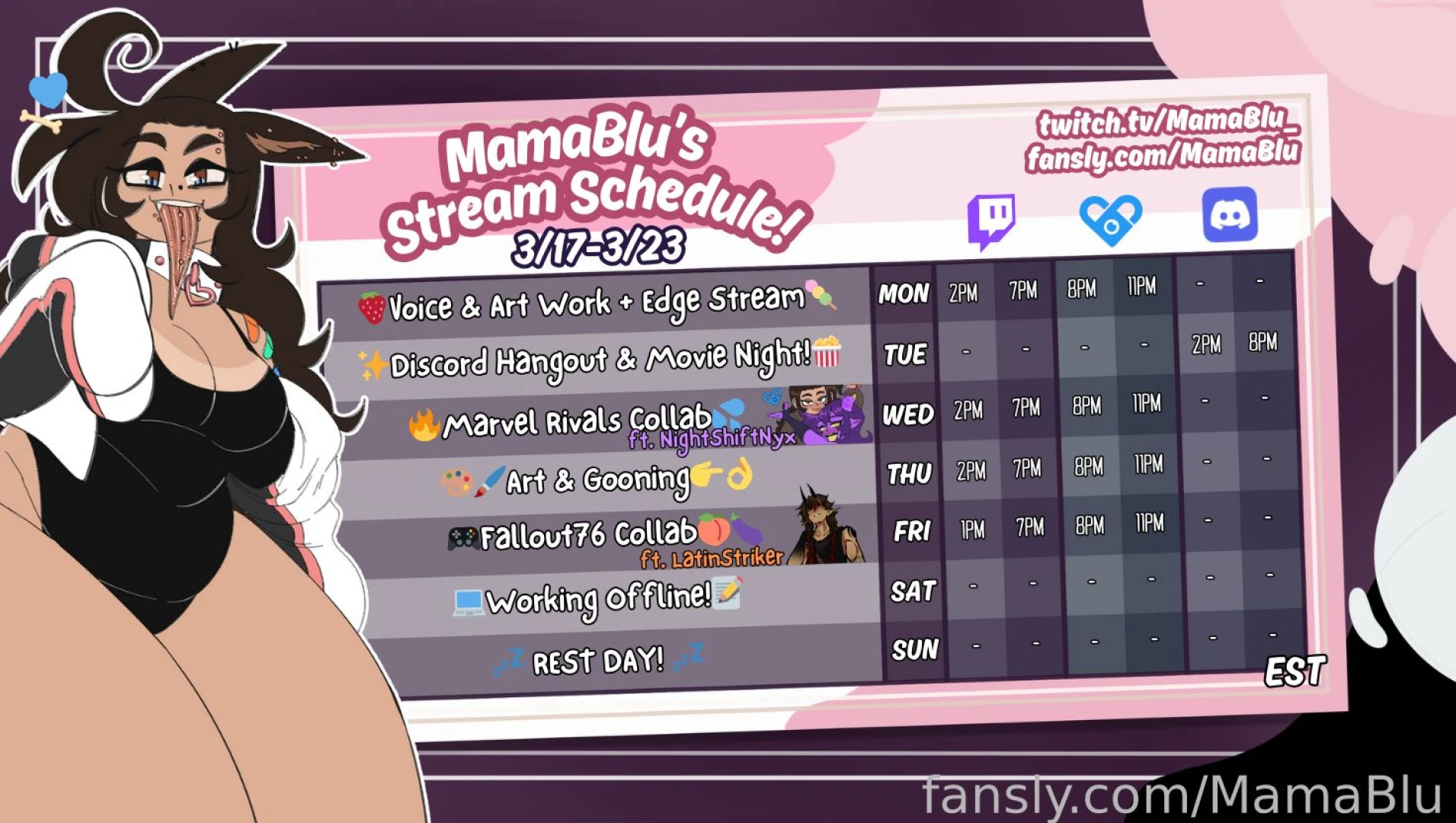 My schedule for this upcoming week twitch https www twitch tv mamablu_ 