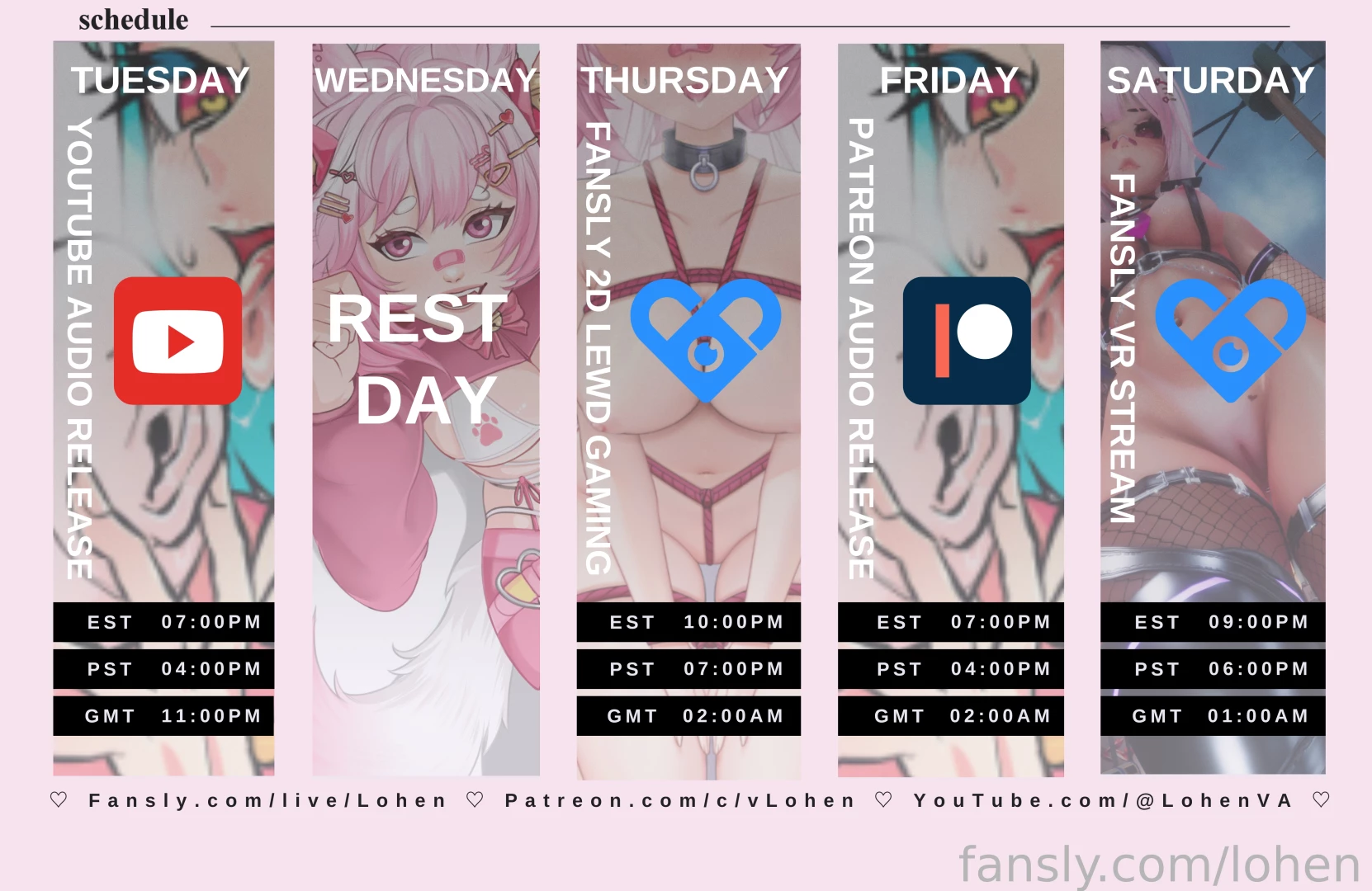 Here is my official schedule going forward with all my n sfw content 