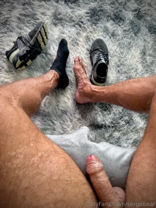 Back from the gym one sock off one still on my cock is hard my feet
